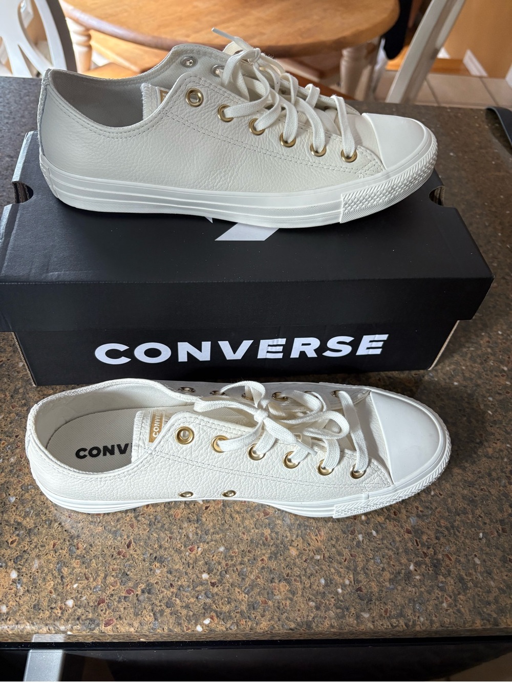 Converse Low Top Leather Sneakers in White with Gold Eyelets